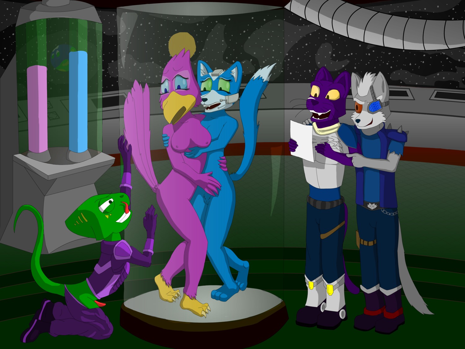 4:3 absurd_res anthro anthro_on_anthro avian beak bird breasts canid canine canis cashier:3 chameleon crossgender e621 erection falco_lombardi felid female flap-necked_chameleon forced fox fox_mccloud gender_transformation genitals group hi_res leon_powalski lizard male mammal melanistic mtf_transformation nintendo nipples non-mammal_breasts non-mammal_nipples panther_caroso pantherine penis reptile scalie science space star_fox transformation wolf wolf_o'donnell