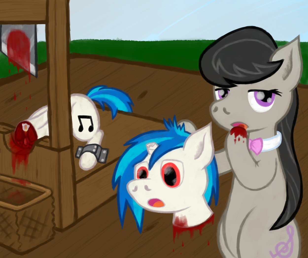 black_hair blood blue_hair bodily_fluids bow_(feature) bow_tie cutie_mark death decapitation duo e621 earth_pony equid equine female feral friendship_is_magic fur gore grey_body grey_fur grotesque_death guillotine hair hasbro horn horse long_hair looking_at_viewer mammal multicolored_hair my_little_pony mythological_creature mythological_equine mythology octavia_(mlp) open_mouth pony purple_eyes red_eyes severed_body_part severed_head tongue two_tone_hair unicorn vinyl_scratch_(mlp) vodkaroo white_body white_fur