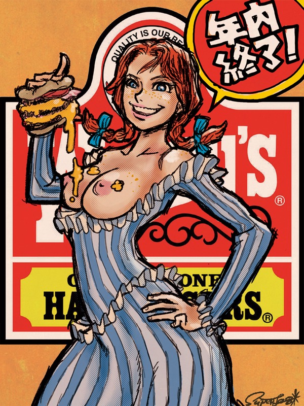 1girls areola artist_signature blue_eyes bowtie breasts breasts_out cheese erect_nipples exposed_breasts female female_only first_porn_of_character food freckles grin hairtie hamburger hand_on_hip holding_object japanese_text mustard nipples pigtails red_hair rule34 smile solo solo_female superlog teeth wendy's wendy_thomas