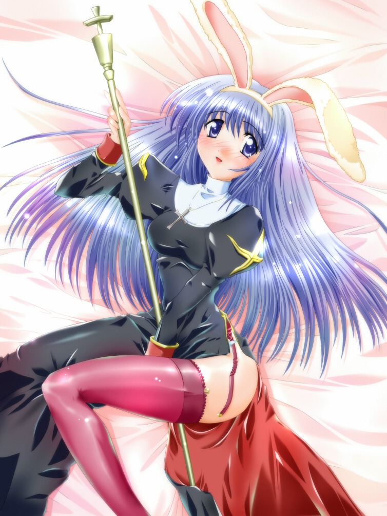 1girls animal_ear artist_request blue_eyes blue_hair blush breasts bunny_ear clothed_masturbation clothing cross dress female lingerie masturbation priest priest_(ragnarok_online) priestess ragnarok_online rule34 small_breasts solo staff stockings thighhighs underwear