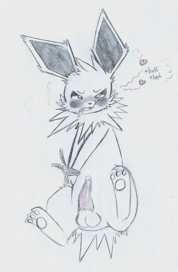bdsm blush bodily_fluids bondage bound cm e621 eeveelution erection generation_1_pokemon genital_fluids genitals heart_symbol jolteon male monochrome nintendo nude penis pokemon pokemon_(species) precum restraints rope rope_bondage solo spread_legs spreading submissive submissive_male