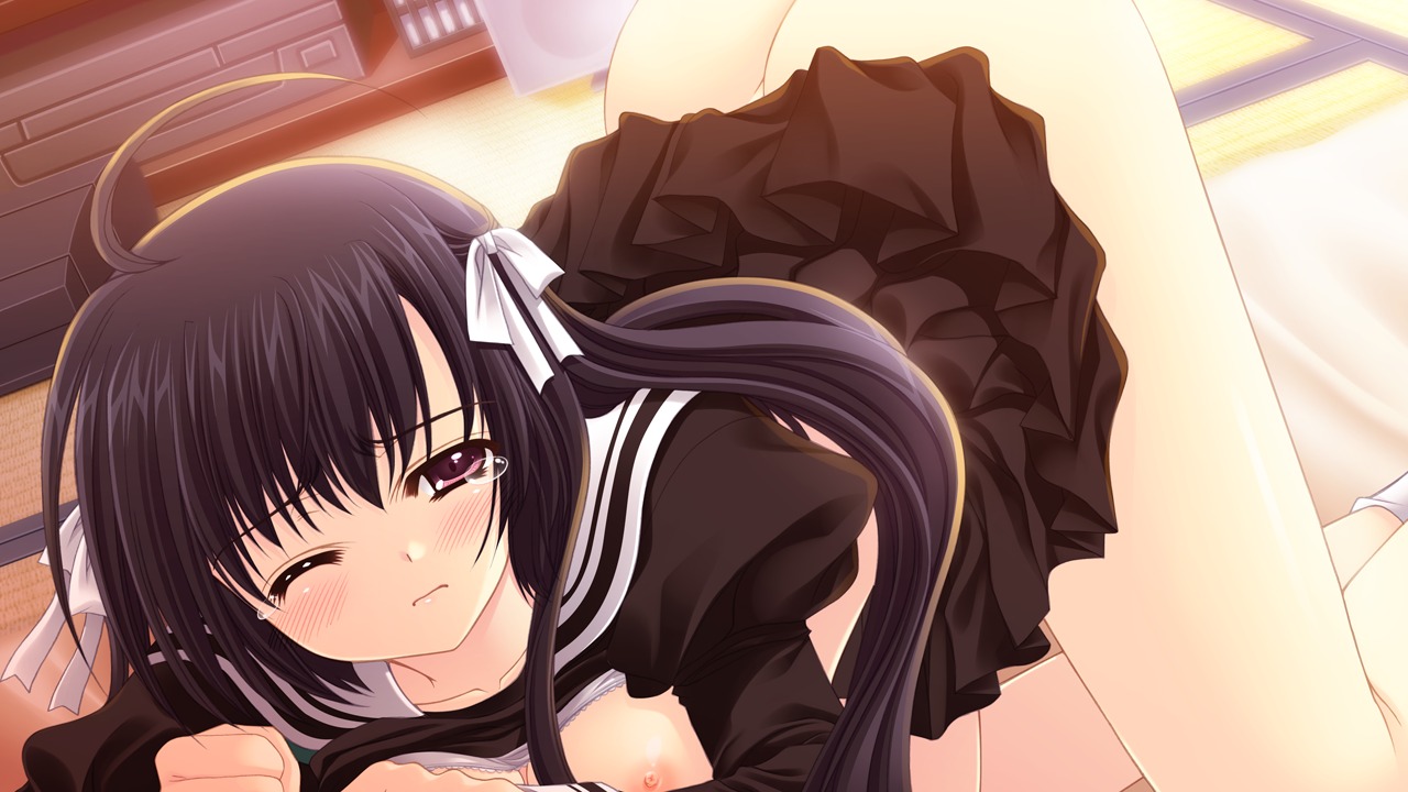 bed black_hair bra breasts female game_cg hananomiya_ako long_hair nipples nishimata_aoi open_clothes open_shirt purple_eyes rule34 seifuku sekai_seifuku_kanojo sex shirt tear underwear