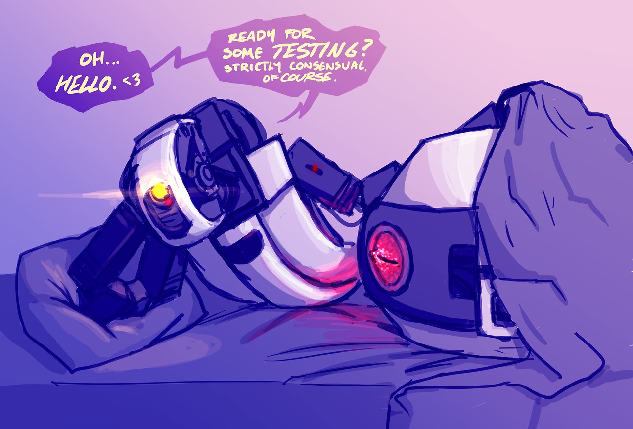 artificial_intelligence bed dialogue e621 english_text female furniture genitals glados heart_symbol humanoid machine not_furry portal_(series) presenting robot robot_humanoid seductive solo text unknown_artist valve valve_corporation vulva