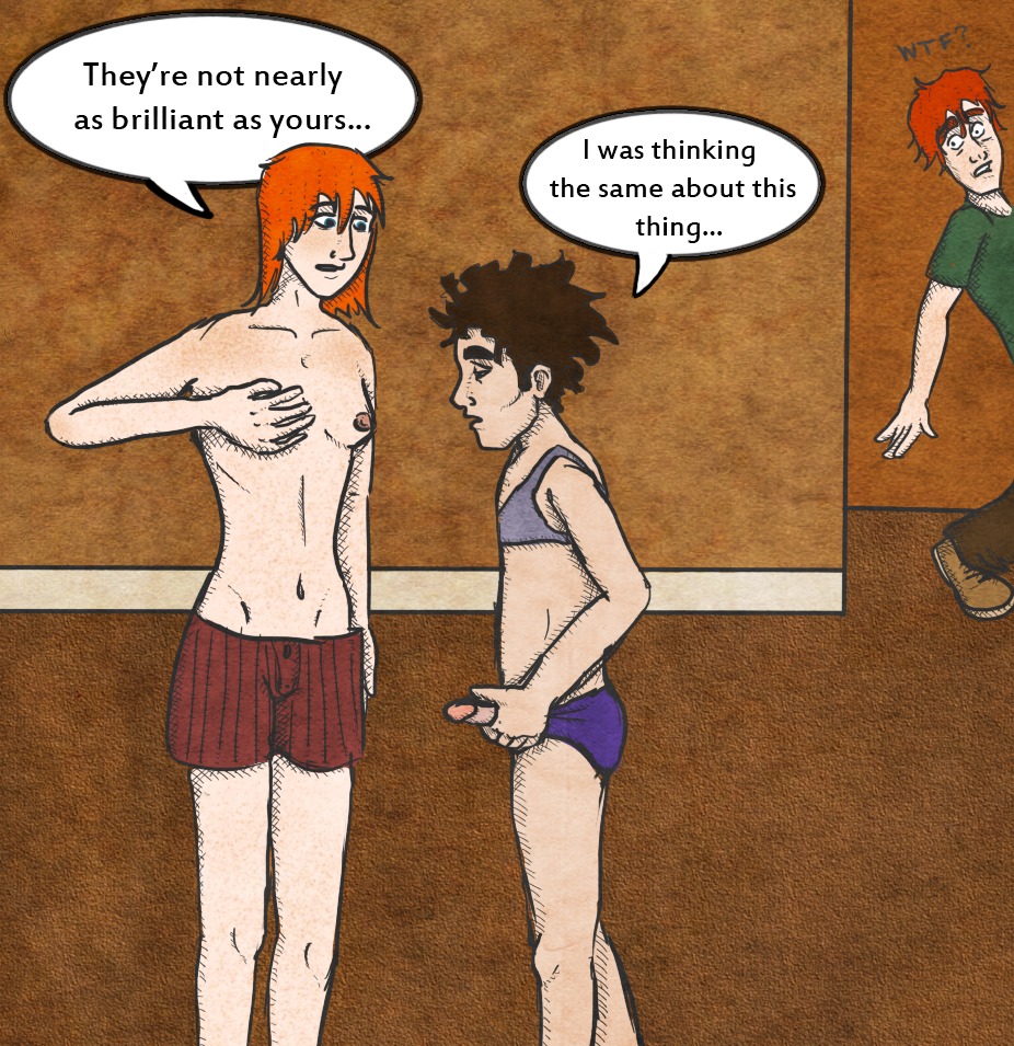1girls breasts dialogue english_text female gender_transformation genderswap george_weasley gryffindor harry_potter hermione_granger male nipples penis ron_weasley rule34 rule_63 speech_bubble straight text topless transformation witch_(harry_potter)