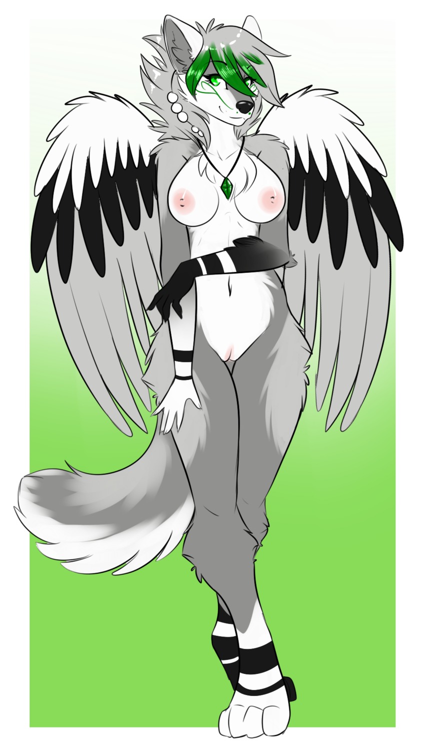 abstract_background aimi alternative_fashion anthro biped breasts canid canine canis digital_media_(artwork) digitigrade e621 feathered_wings feathers feet female fur genitals green_eyes grey_body grey_fur grey_hair hair hi_res hindpaw jewelry looking_at_viewer mammal multicolored_hair necklace nipples nude paws scene_haircut simple_background solo standing tail two_tone_hair vulva white_body white_fur wings wolf