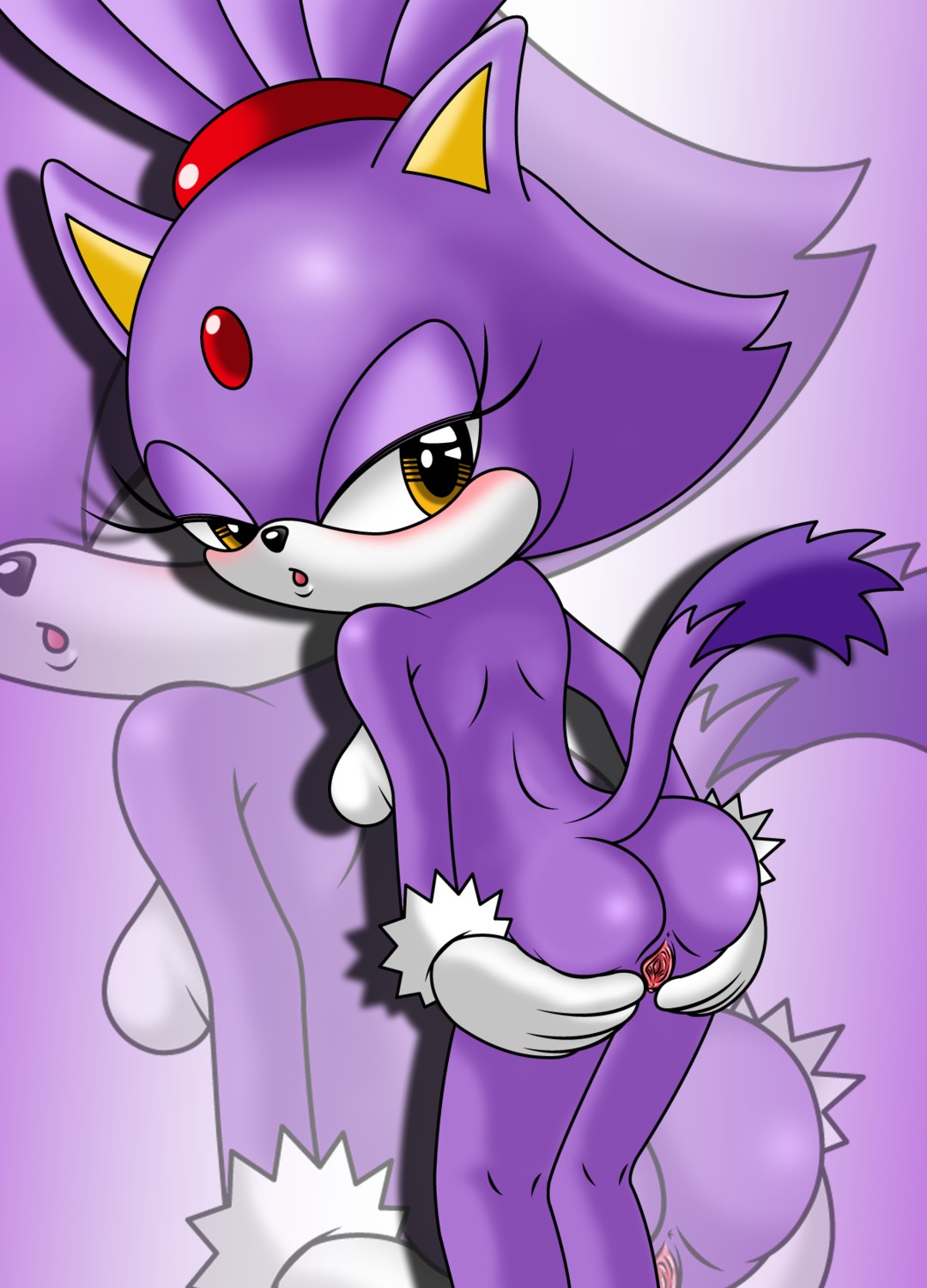 amber_eyes anthro blaze_the_cat breasts butt domestic_cat e621 felid feline felis female fur genitals hi_res looking_at_viewer mammal nude presenting presenting_hindquarters purple_body purple_fur raised_tail sega solo sonic_the_hedgehog_(series) sonictopfan tail vulva yellow_eyes