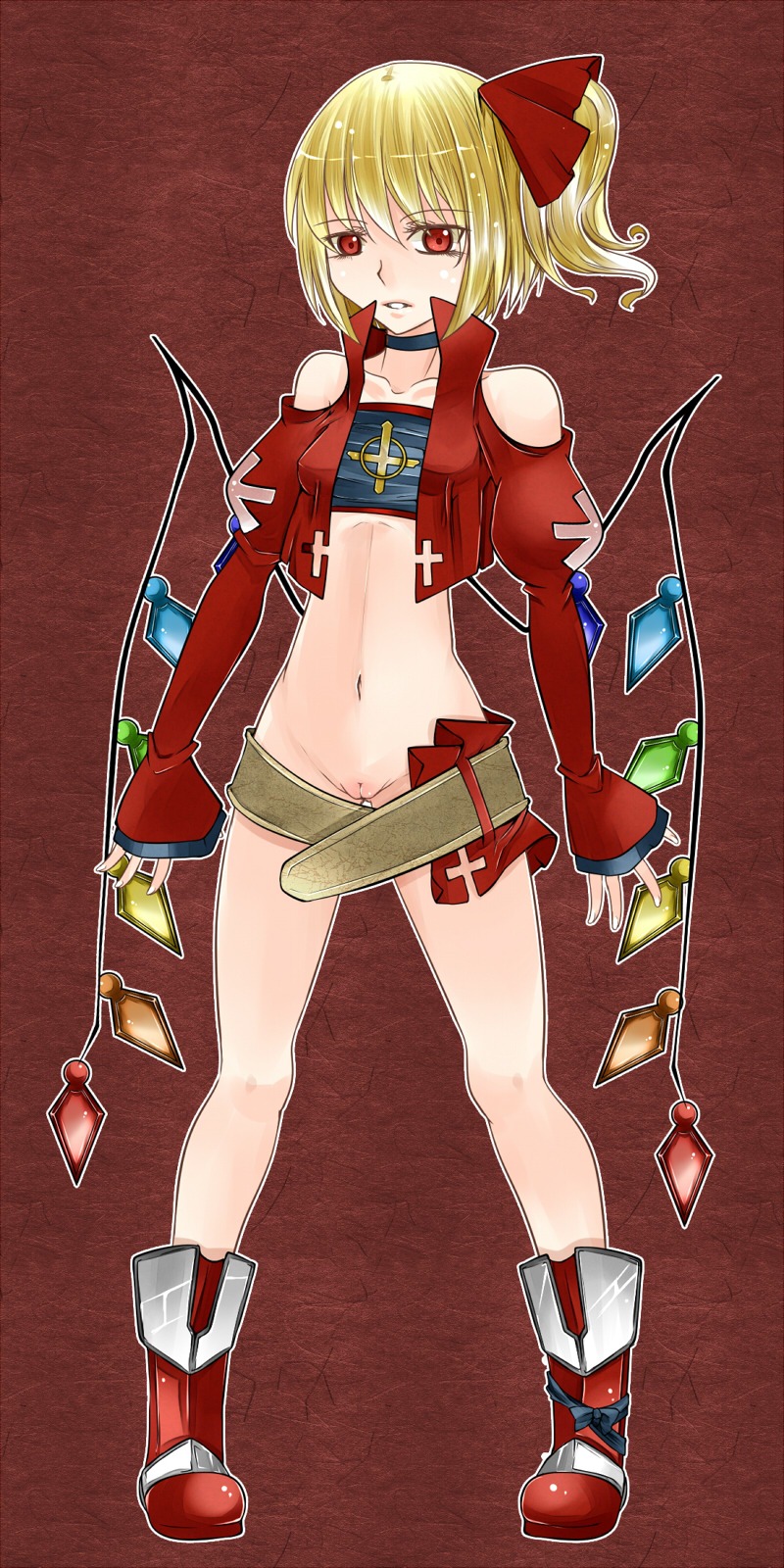 alternate_costume aoshima bare_legs bare_shoulders belt blonde_hair boots choker collarbone cross female flandre_scarlet hair_ribbon highres long_sleeves navel no_pants pussy red_eyes ribbon rule34 short_hair side_ponytail sleeves_past_wrists solo the_embodiment_of_scarlet_devil touhou wings