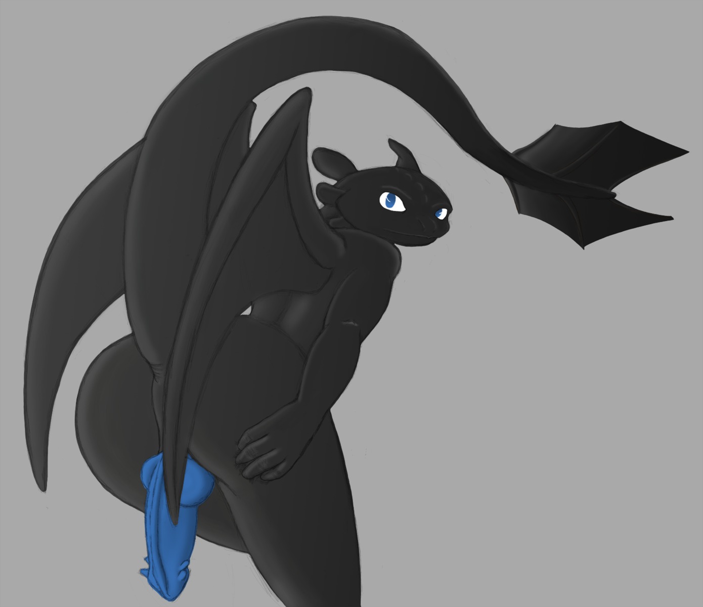 animal_genitalia anthro anthrofied black_body black_skin blue_eyes blue_penis butt casualfurry dragon dreamworks e621 erection european_mythology forked_tail fury_(httyd) genital_slit genitals hand_on_leg hand_on_thigh hi_res how_to_train_your_dragon knot leaning leaning_forward looking_at_viewer looking_back male membrane_(anatomy) membranous_wings mythological_creature mythological_scalie mythology night_fury penis presenting ribbed_penis scalie simple_background solo tail thick_tail toothless unusual_anatomy unusual_tail western_dragon wings