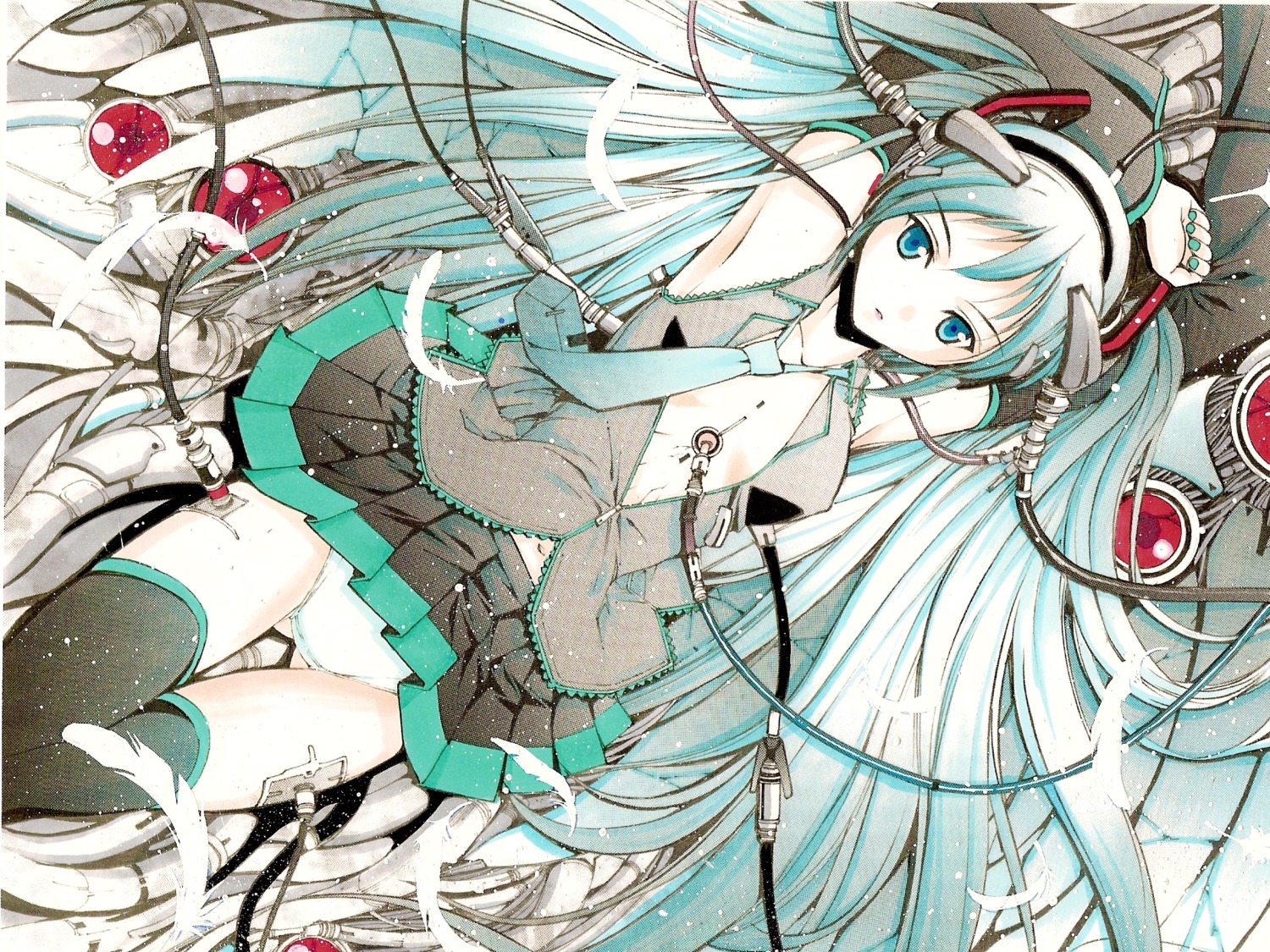 1girl aqua_eyes aqua_hair armpits arms_up cable color detached_sleeves feathers female hatsune_miku headphones high_res highres long_hair lying moonsorrow navel necktie on_back open_clothes open_shirt panties rule34 shirt skirt solo thighhighs tied_hair traditional_media twintails underwear very_long_hair vocaloid white_panties white_skin