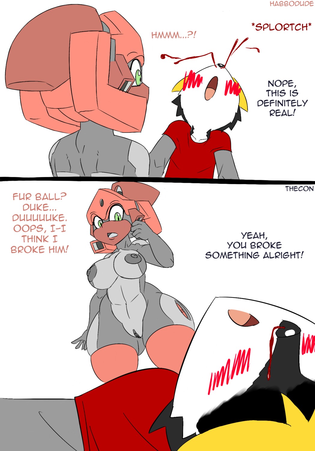anime_nosebleed anthro areola big_breasts blood blush bodily_fluids breasts canid canine canis comic dialogue duo e621 english_text erect_nipples female genitals green_eyes habbodude hi_res humanoid machine male mammal mostly_nude nipples nosebleed proxy_(pizzacat) robot text thecon vulva wolf