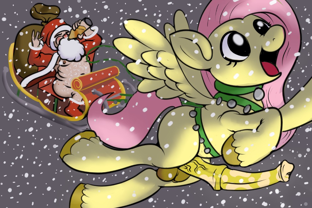 2012 3:2 bag beard belly christmas christmas_clothing christmas_headwear clothing collar cutie_mark drinking duo e621 equid equine erection facial_hair feathered_wings feathers feral fluttershy_(mlp) flying friendship_is_magic fur genitals gynomorph hair hasbro hat headgear headwear holidays human intersex male mammal my_little_pony mythological_creature mythological_equine mythology open_mouth pegasus penis pink_hair ragingsemi santa_claus santa_hat sled white_hair wings yellow_body yellow_feathers yellow_fur