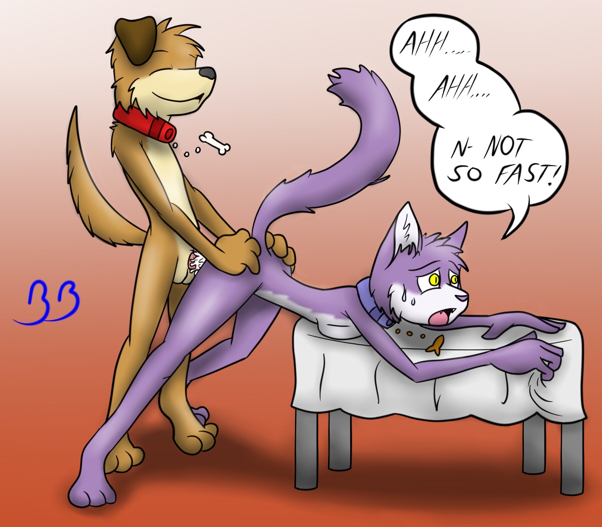 anthro anthro_on_anthro anthro_penetrated anthro_penetrating anthro_penetrating_anthro balls bent_arm bent_leg bent_over bent_over_furniture bent_over_table bodily_fluids breasts butt butt_grab canid canine canis collar cum cum_inside cum_on_penis dialogue domestic_cat domestic_dog duo e621 english_text erection felid feline felis female female_penetrated from_behind_position furniture genital_fluids genitals gradient_background grape_jelly_(housepets!) hand_on_another's_butt hand_on_butt housepets! male male/female male_penetrating male_penetrating_female mammal obscured_penetration peanut_butter_(housepets!) penetration penile penile_penetration penis penis_in_vagina platform_sex platform_standing_doggystyle raised_tail sex side_view simple_background small_breasts speech_bubble standing standing_doggystyle standing_sex straight_leg straight_legs table tablecloth tail text thebb thin_tail vaginal vaginal_penetration wavy_tail yellow_eyes