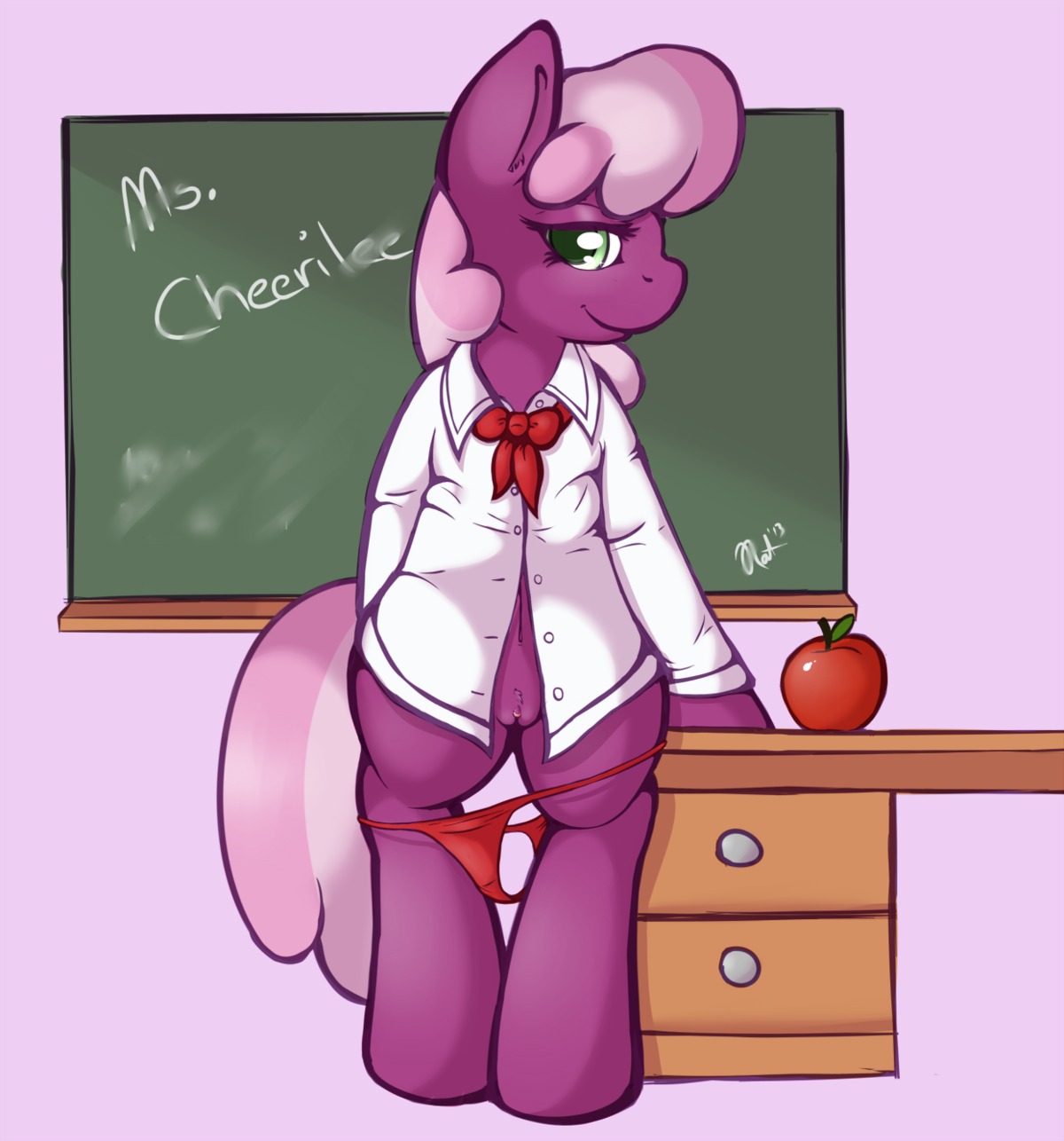 2013 anthro anthrofied apple bow_(feature) bow_tie chalkboard cheerilee_(mlp) clothed clothing desk digital_media_(artwork) e621 earth_pony english_text equid equine female food friendship_is_magic fruit fur furniture genitals green_eyes hair half-closed_eyes hasbro hi_res horse information_board looking_at_viewer mammal multicolored_hair my_little_pony narrowed_eyes navel panties panties_down partially_clothed pink_background pink_hair plant pony purple_body purple_fur ratofdrawn shirt signature simple_background smile solo table tail text topwear two_tone_hair underwear underwear_down vulva