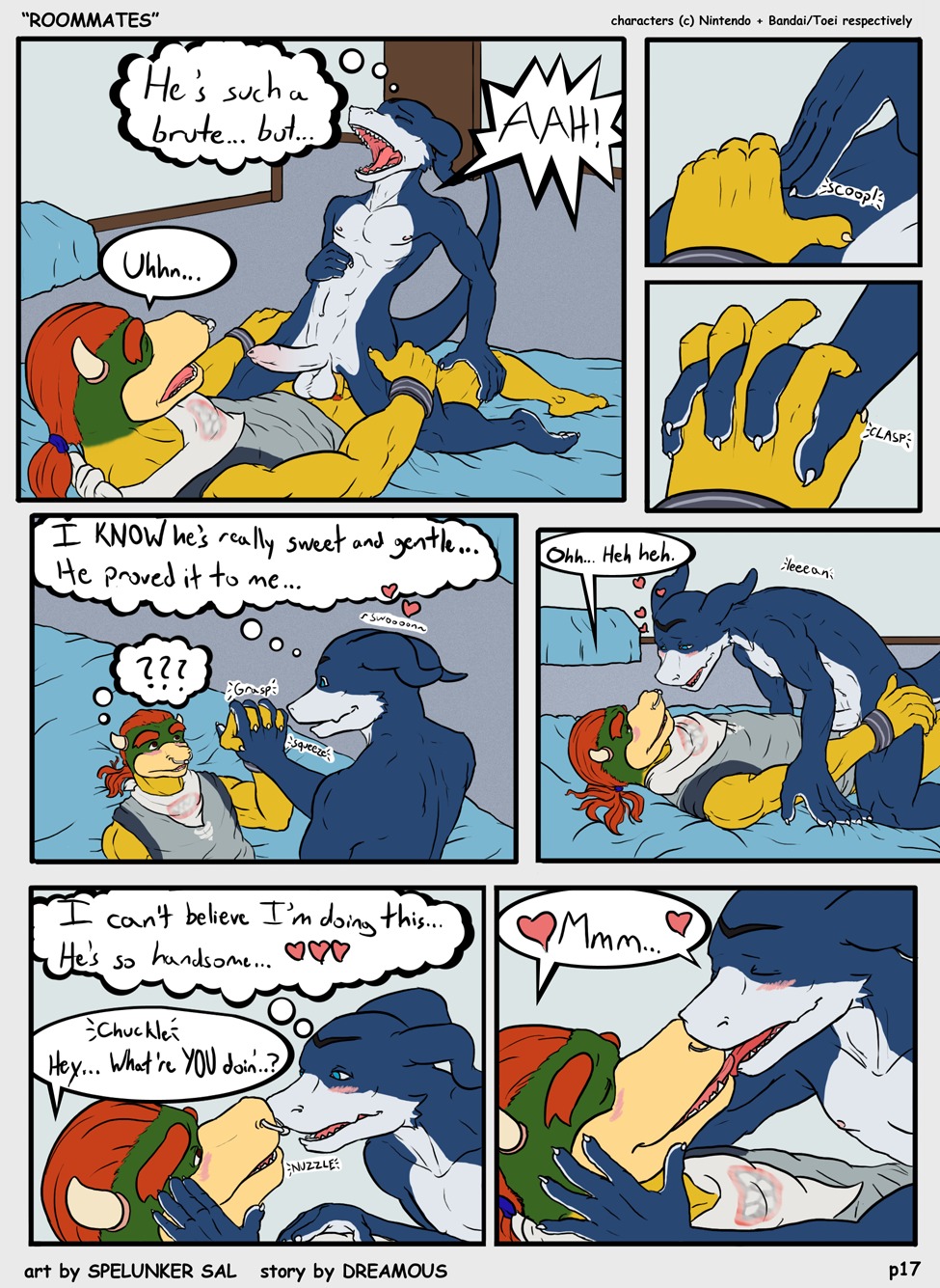 <3 anal anthro bandai blush bowser_koopa_junior_(roommates) comic digimon dreamous_(writer) erection flamedramon furry furry_only gay giancarlo_rosato hand_holding hi_res horn humanoid_genitalia humanoid_penis kissing koopa male male/male male_only mario_(series) muscles nintendo nude penis roommates_(comic) rule34 scalie sex simple_background spelunker_sal straight_hair yaoi