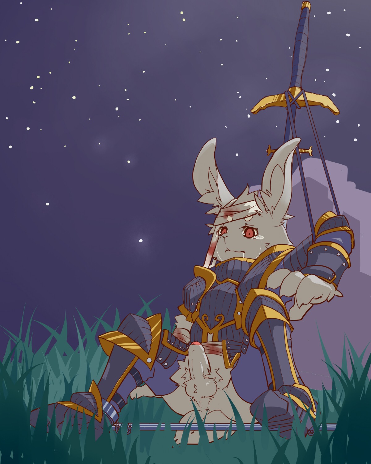 4:5 anthro anus balls bandage bdsm blood bodily_fluids clothing e621 erection genitals grass hi_res humanoid_genitalia humanoid_penis kosian lagomorph leporid male mammal melee_weapon night outside penis plant rabbit red_eyes sky solo star starry_sky sword tears weapon