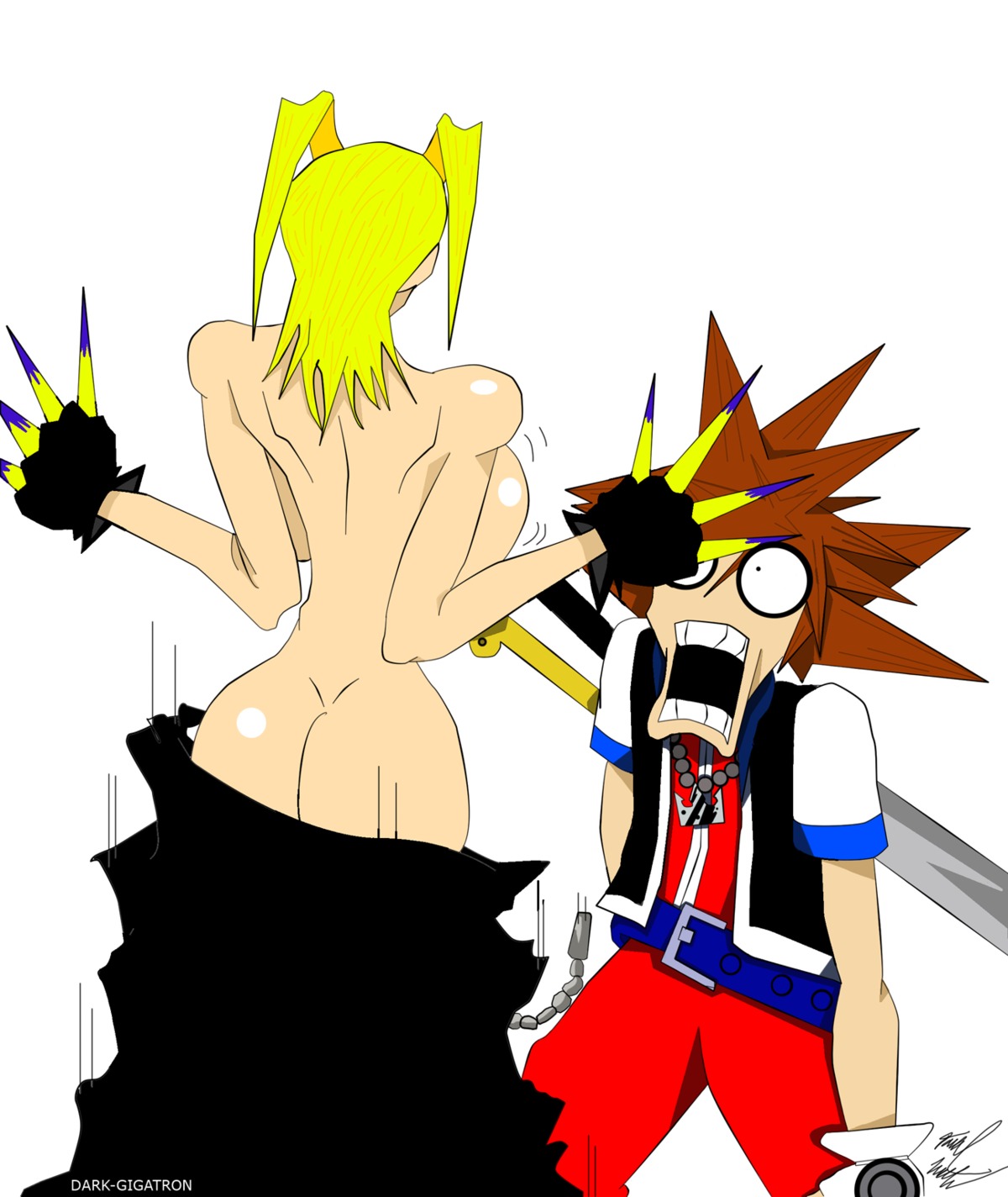1boy 1girls black_coat blonde-haired_female blonde_hair blue_eyes brown-haired_male brown_hair coat disney female human kingdom_hearts larxene male nobody_(kingdom_hearts) outerwear pale_skin rule34 sora sora_(kingdom_hearts) square_enix striptease tagme undressing