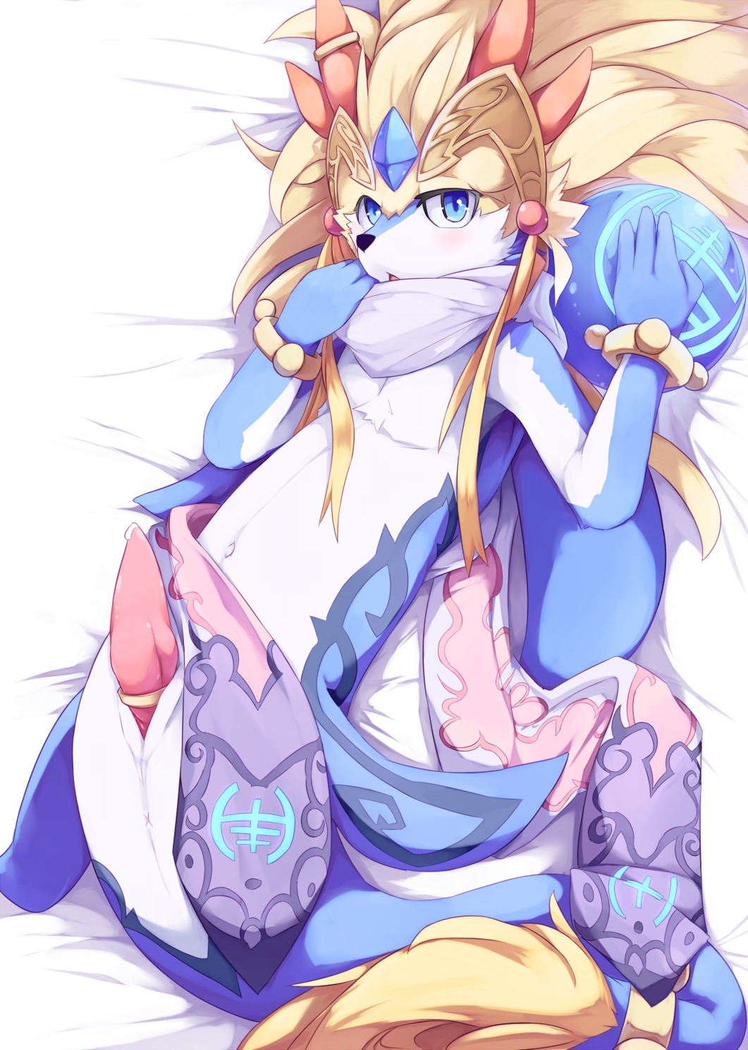 accessory anus bandai_namco bed_sheet bedding blue_eyes blush bodily_fluids cock_ring cum dragon e621 erection genital_fluids genitals girokemo hi_res jewelry looking_at_viewer lying male mythological_creature mythological_scalie mythology penis penis_accessory penis_jewelry precum ring scalie shaorune solo tales_of_(series) tales_of_rebirth tapering_penis underwater water wristband