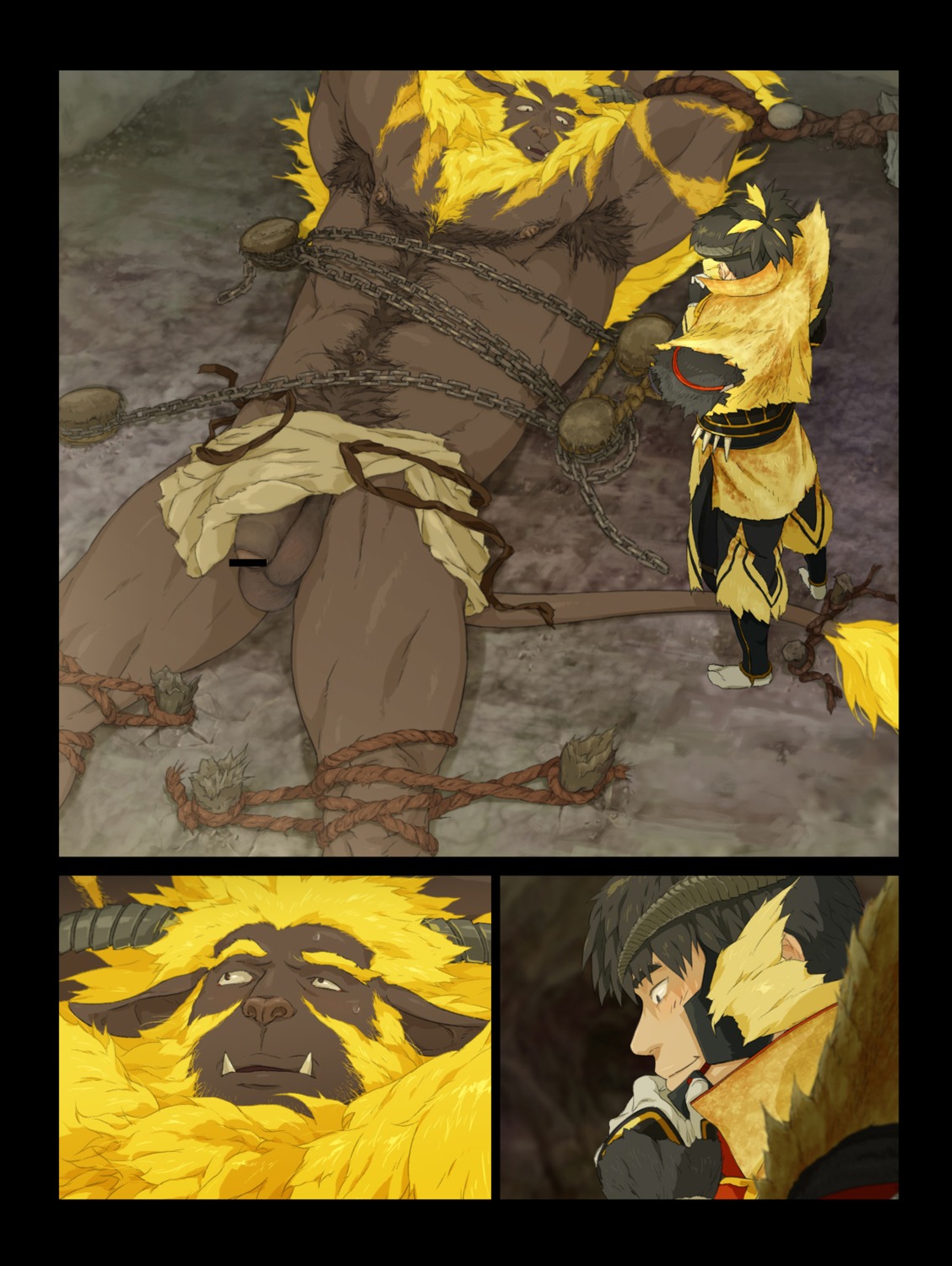 armor balls capcom chains fanged_beast gay golden_(armor) horn human hunter_(monster_hunter) kfutaba lying male monster_hunter monster_hunter_2 muscles penis rajang rule34 source_request video_games year_request