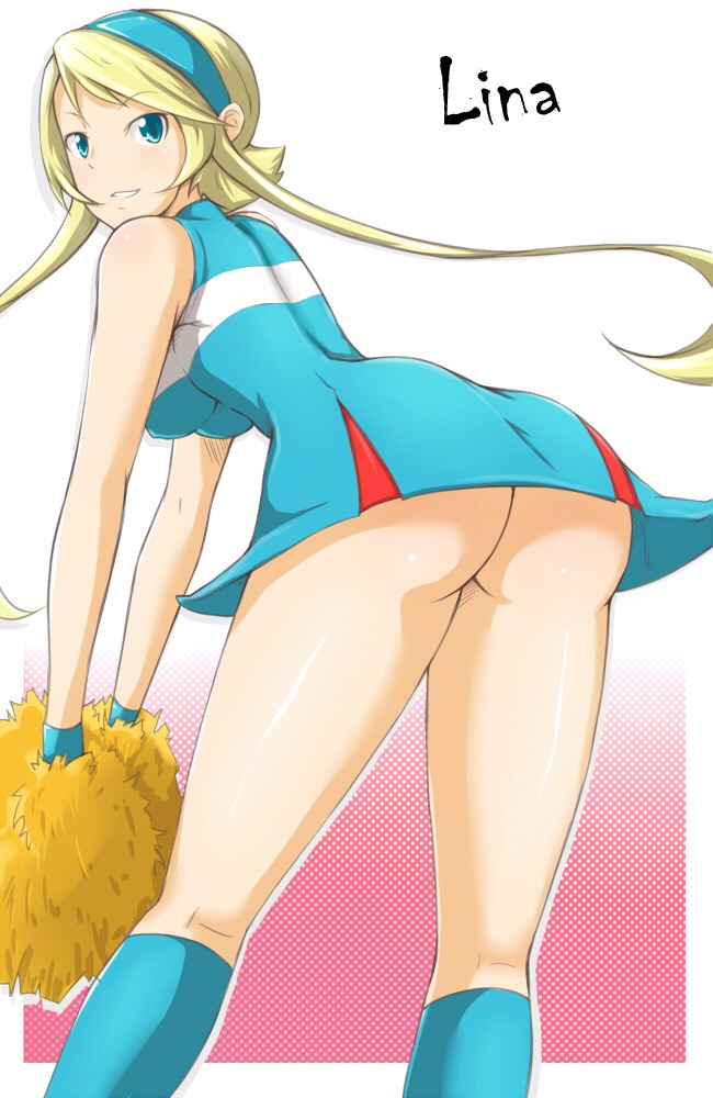 1girls 2010 2d 2d_(artwork) ass ass_focus bare_shoulders bent_over blonde_hair blue_eyes breasts butt character_name cheerleader clothed clothed_female female female_only hairband halterneck heroman human human_only kneehighs lina_davis looking_back looking_back_at_viewer minidress mostly_clothed no_sex pawg pom_poms rule34 sanchuu socks solo solo_female teenage_girl teenager thighs tied_hair twintails upskirt white_border