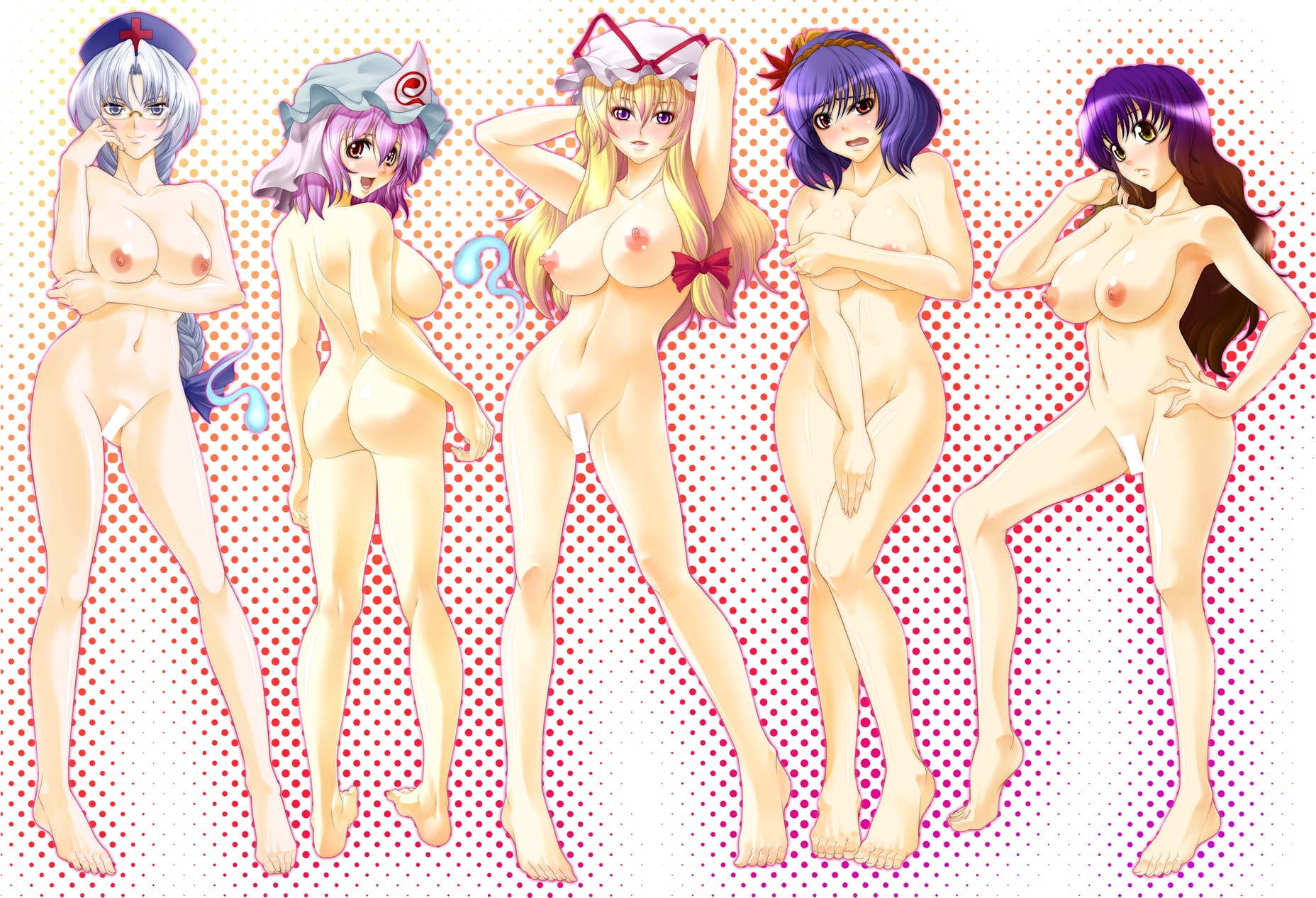 armpits ass back bare_shoulders barefoot blonde_hair blush braid breast_hold breasts censored covering covering_breasts covering_crotch eirin_yagokoro embarrassed eyewear feet female glasses gradient_hair hand_on_hip hat highres hijiri_byakuren hips kanako_yasaka large_breasts lineup long_hair looking_at_viewer multicolored_hair multiple_females navel nipples noir846 nude pink_eyes pink_hair posing purple_eyes purple_hair red_eyes rule34 short_hair silver_hair smile toes touhou very_long_hair yukari_yakumo yuyuko_saigyouji