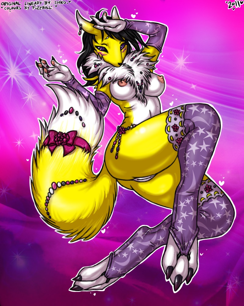 2011 4:5 abstract_background anthro areola armwear artist_collaboration bandai_namco biped black_hair black_sclera blush breasts bridal_gauntlets canid canine chest_tuft claws clothing colored_nails digimon digimon_(species) dipstick_tail e621 facial_markings fan_character female floating footwear fur fuzzballfox fuzzy genitals gloves hair handwear head_markings heart_symbol jewelry leg_warmers legwear lingerie looking_at_viewer mammal mane markings mostly_nude nails navel nipples pinup pose purple_eyes raised_arm renamon ribbons shikoyote simple_background sitting socks solo stockings tail tail_markings thigh_highs toeless_footwear toeless_socks tuft under_boob vulva white_body white_fur y2k_(graphic_design) yellow_body yellow_fur