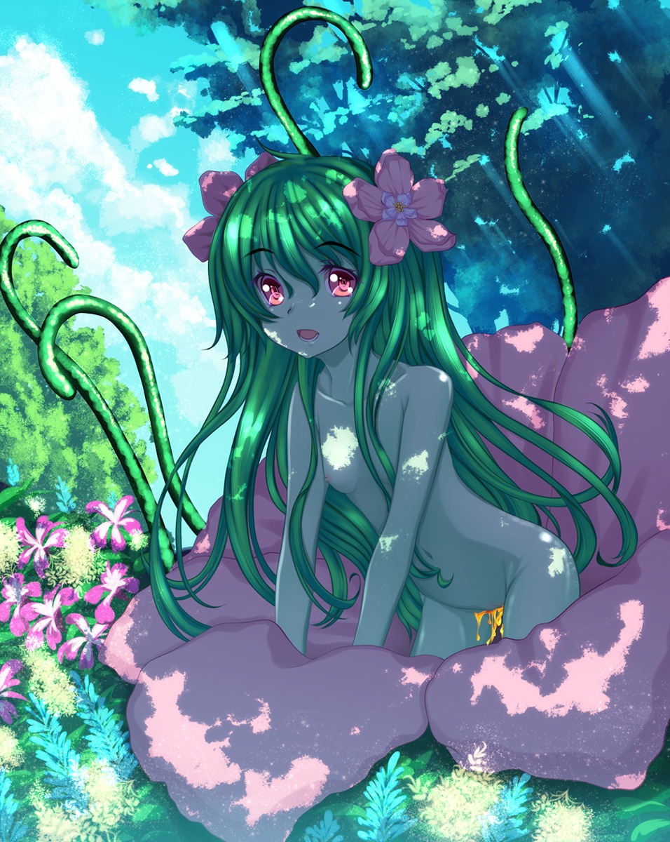 accessory alraune blue_body blue_skin cloud collarbone dappled_light e621 elemental_creature european_mythology female flora_fauna flower flower_in_hair green_hair hair hair_accessory hi_res humanoid kiyomin light long_hair looking_at_viewer monster_girl_(genre) monster_girl_encyclopedia mythology not_furry nude open_mouth outside pink_eyes plant sky smile solo sunlight under_shade vines