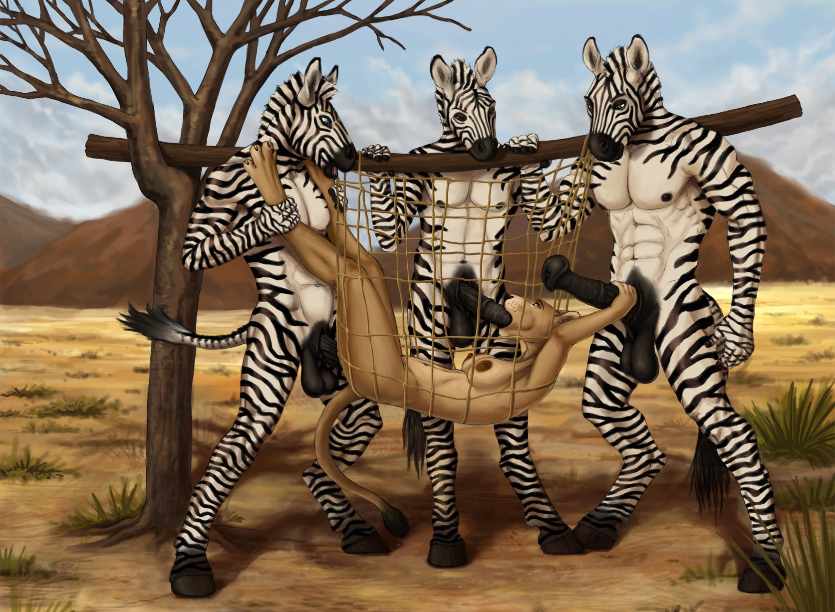 2012 abs animal_genitalia animal_penis anthro balls biceps big_penis black_balls black_body black_fur black_nipples black_penis black_sheath blue_eyes breasts cloud day deep_throat desert detailed_background dominant dominant_male double_penetration e621 equid equine equine_balls equine_genitalia equine_penis equine_tail erection felid fellatio female female_penetrated flared_penis fur gangbang genitals group group_sex handjob handjob_while_penetrated hi_res hooves interspecies irony lion male male/female male_penetrating male_penetrating_female mammal medial_ring morticus mountain multicolored_body multicolored_fur muscular muscular_male net nipples nude open_mouth oral oral_penetration outdoor_nudity outside outside_sex pantherine pecs penetration penile penis plant predator/prey predator_penetrated prey_penetrating prey_penetrating_predator role_reversal savanna sex sheath sky spitroast stripes submissive submissive_female suspension tail tan_body tan_fur trap_(contrivance) trapped trapped_in_net tree two_tone_body two_tone_fur vaginal vaginal_penetration white_body white_fur zebra