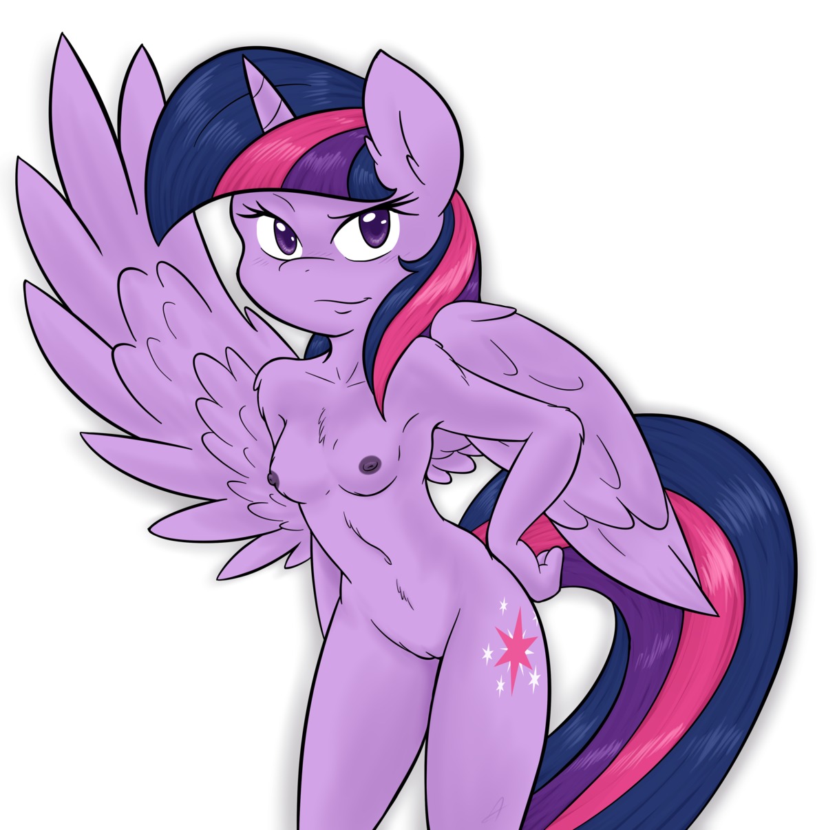 2014 absurd_res ambris anthro anthrofied breasts cutie_mark e621 equid equine feathered_wings feathers female friendship_is_magic fur genitals hair hasbro hi_res horn looking_at_viewer mammal multicolored_hair my_little_pony mythological_creature mythological_equine mythology nipples nude purple_body purple_eyes purple_feathers purple_fur purple_hair simple_background smile solo twilight_sparkle_(mlp) two_tone_hair vulva white_background winged_unicorn wings