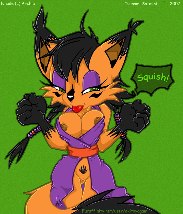 2007 akito_yagami anthro archie_comics black_hair breasts clothed clothing digital_creature e621 facial_markings felid feline female genitals green_background green_eyes hair half-closed_eyes head_markings lynx mammal markings narrowed_eyes nicole_the_lynx nipples pubes sega simple_background solo sonic_the_hedgehog_(archie) sonic_the_hedgehog_(comics) sonic_the_hedgehog_(series) tail tongue tongue_out vulva