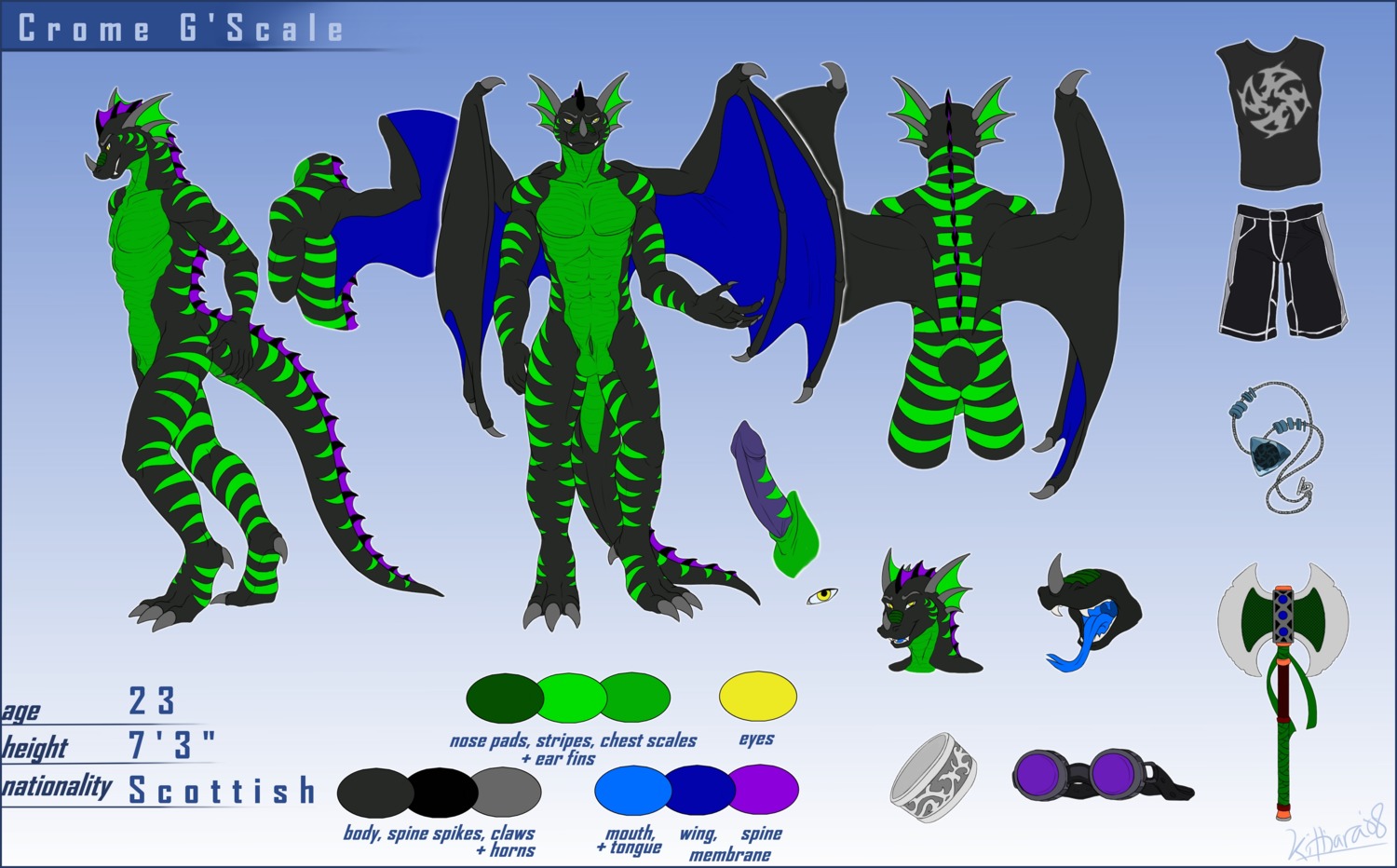 absurd_res animal_genitalia anthro axe balls character_name color_swatch crome dragon e621 english_text erection european_mythology eyewear fully_sheathed genitals goggles greataxe hi_res kittiara male markings melee_weapon membrane_(anatomy) membranous_wings model_sheet mythological_creature mythological_scalie mythology non-mammal_balls nude penis scalie sheath side_view solo tail text tongue turnaround weapon western_dragon wings