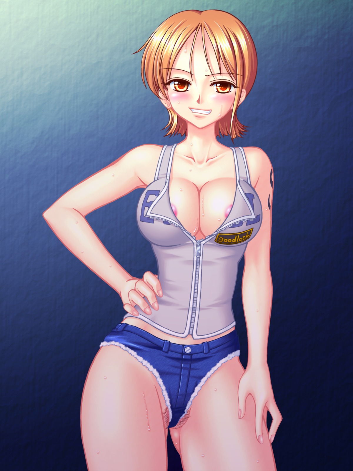 blue_tattoo cleavage clothes clothing color female female_only front_view hanazuka_ryouji hand_on_hip nami_(one_piece) one_piece one_piece:_dead_end_adventure orange_hair pre-timeskip rule34 solo standing straight_hair tagme tattoo tattoo_on_arm tattooed_arm
