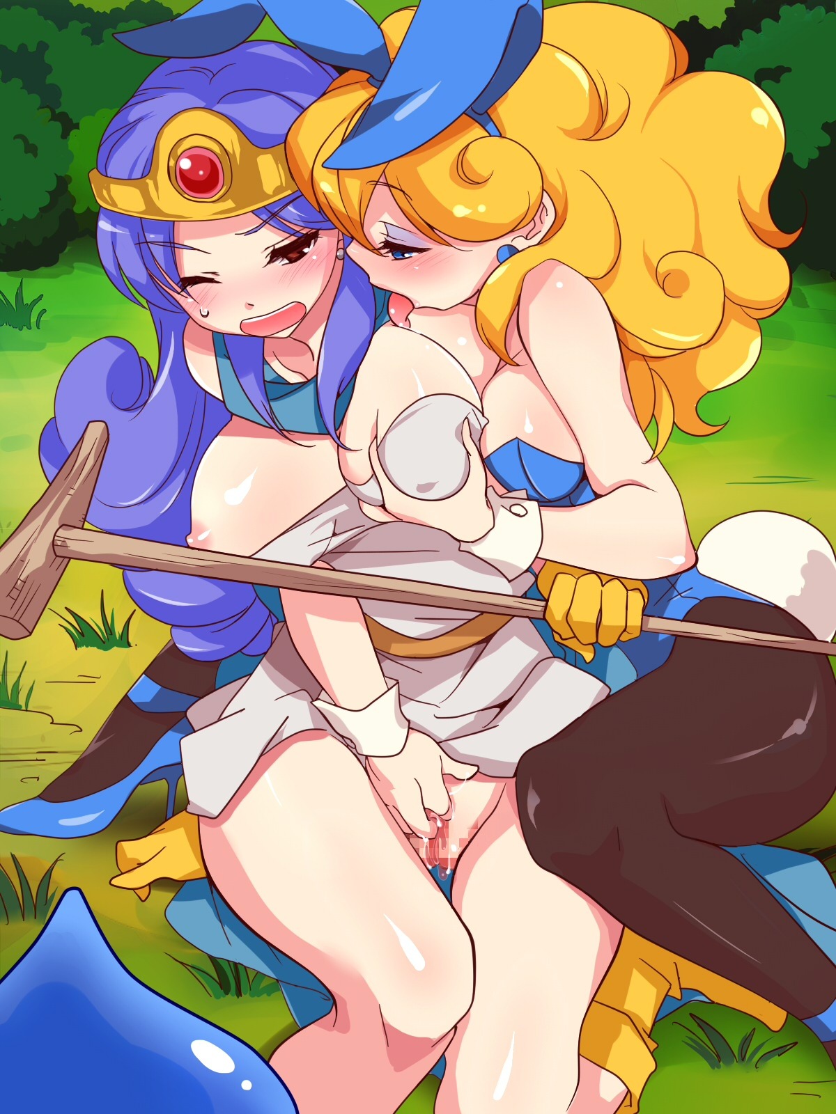 2girls blonde_hair blue_hair blush breast_grab breasts bunny_ears bunny_girl bunnysuit censored cleavage clothing dragon_quest dragon_quest_iii dress earrings erect_nipples erect_nipples_under_clothes female female_only fingering hair human jester_(dq3) large_breasts licking long_hair mosaic_censoring multiple_females multiple_girls nemunoya nipples no_panties open_mouth pantyhose pussy rule34 sage_(dq3) sitting slime_(dragon_quest) tail tongue tongue_out wink yuri