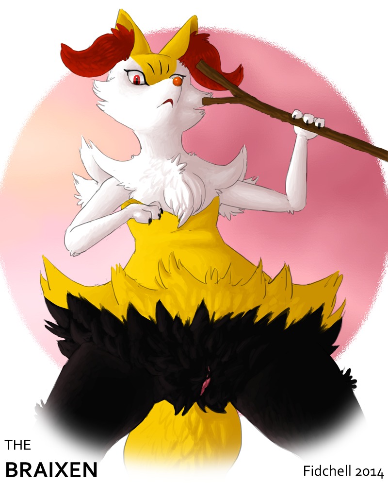 2014 anthro braixen canid canine e621 female fidchellvore generation_6_pokemon genitals inner_ear_fluff mammal nintendo pokemon pokemon_(species) solo stick surprised tuft vulva