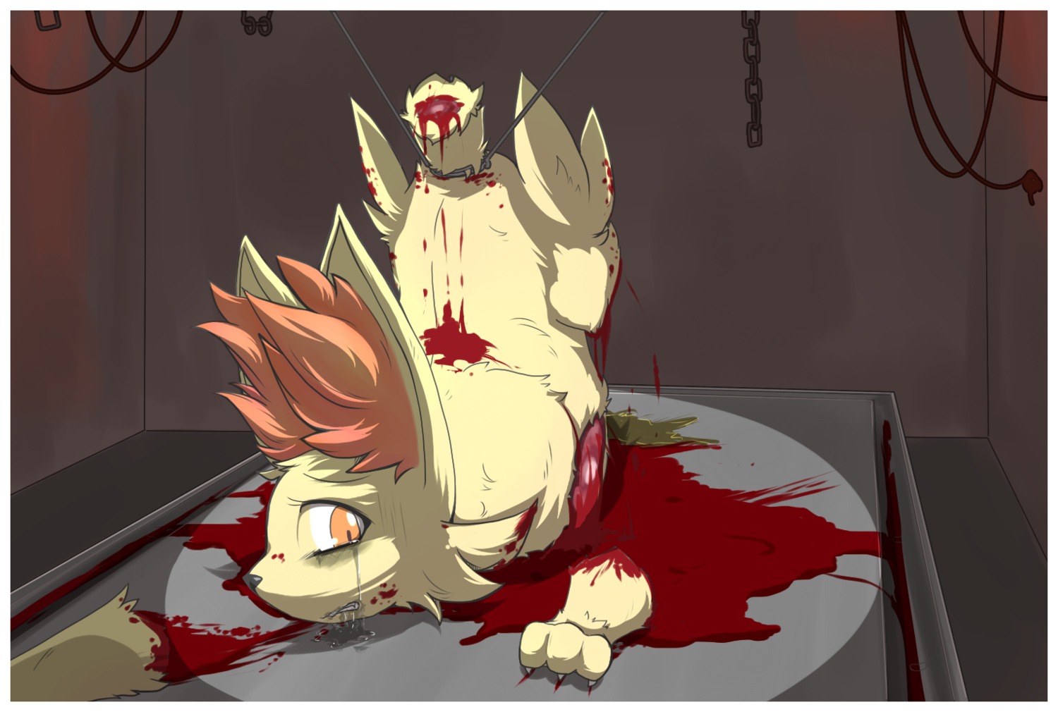 ambiguous_gender amputee blood bodily_fluids border canid canine crying death digital_media_(artwork) disability e621 fadingsky fennekin feral fur generation_6_pokemon gore grotesque_death kemono mammal nightmare_fuel nintendo orange_eyes pain pokemon pokemon_(species) solo tears torture white_border yellow_body yellow_fur