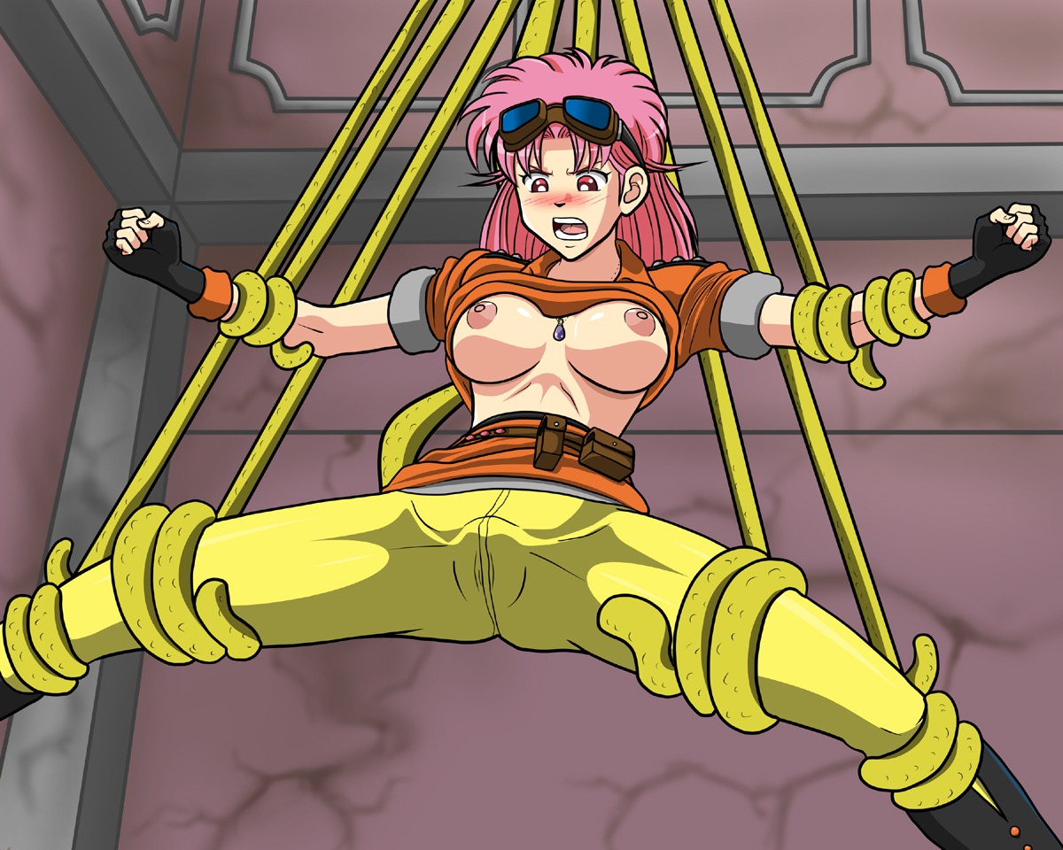 big_breasts blush breasts circle_plum clothing dragon_quest dragon_quest_dai_no_daibouken exposed_breasts female fingerless_gloves gloves goggles goggles_on_head long_hair maam pants pink_eyes pink_hair raised_skirt rule34 shirt skirt skirt_lift small_breasts tentacle tentacles