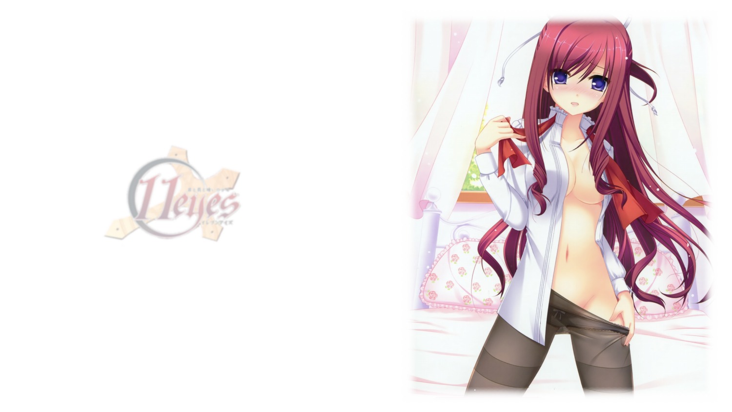 11_eyes 1girls artist_request blush breasts clothing female highres kusakabe_misuzu long_hair multi_eye open_mouth panties purple_eyes red_hair rule34 solo stripping text transparent_clothing wallpaper white_background white_skin