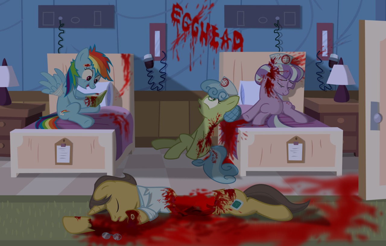 banblade bed blood blue_body blue_feathers blue_fur bodily_fluids book corpse cutie_mark death doctor doctor_stable_(mlp) e621 equid equine eyewear feathered_wings feathers female feral friendship_is_magic fur furniture glasses gore grotesque_death group guts hair hasbro horn hospital intestines mammal medical multicolored_hair mutilation my_little_pony mythological_creature mythological_equine mythology nurse organs patient pegasus quadruped rainbow_dash_(mlp) rainbow_hair reading tail unicorn wings