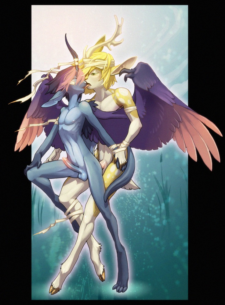 anal anal_penetration anthro balls band-aid bandage bdsm blue_eyes bondage bound caltroplay cosmos_(peritian) deer dominant dominant_male duo e621 edhel erection feathered_wings feathers french_kissing genitals green_eyes hooves horn kissing licking male male/male male_penetrated male_penetrating male_penetrating_male mammal nude penetration penis sex submissive submissive_male tongue tongue_out unigan wings