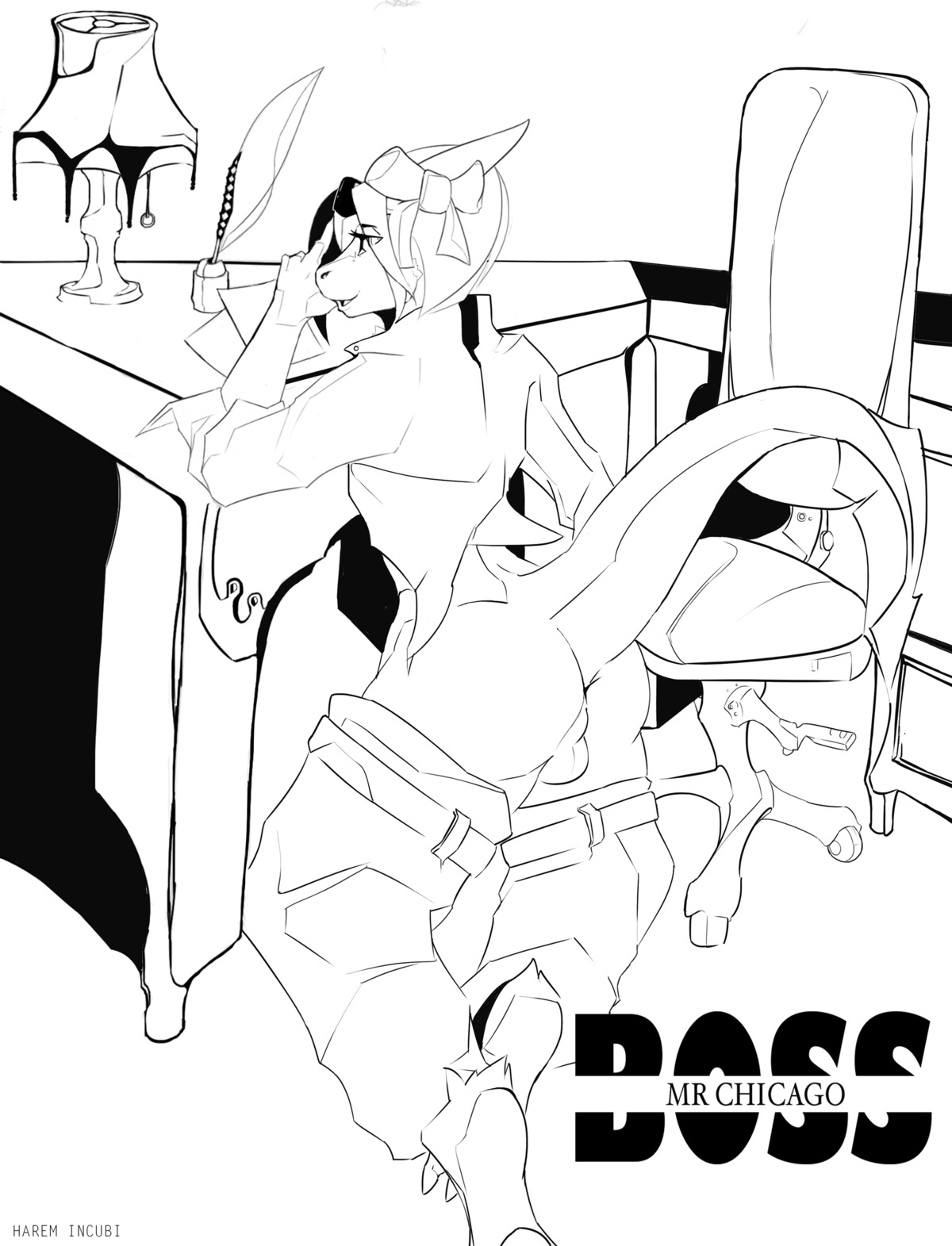 absurd_res anthro backsack balls biped butt dragon e621 genitals half-closed_eyes haremincubi hi_res kneeling male monochrome mr._chicago mythological_creature mythological_scalie mythology narrowed_eyes office open_mouth presenting raised_tail scalie solo tail