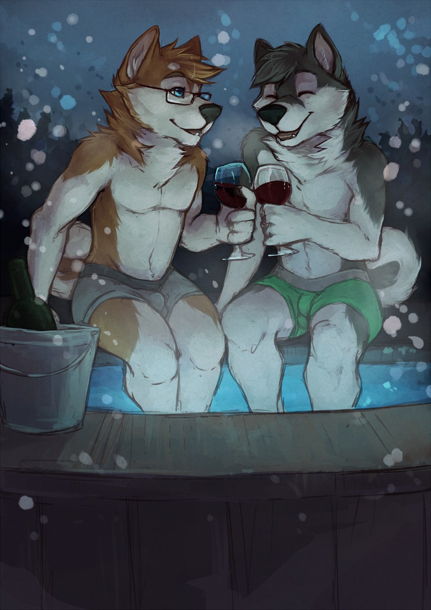 2013 alcohol anthro beverage black_nose blue_eyes boxer_briefs brown_body brown_fur bucket bulge canid canine canis chest_tuft clothed clothing conditional_dnp container cup detailed_bulge domestic_dog drinking_glass duo e621 eyes_closed eyewear fur garnetto genital_outline glass glass_container glass_cup glasses green_clothing green_underwear grey_body grey_clothing grey_fur grey_underwear grin hi_res holding_glass holding_object hot_tub husky male mammal nordic_sled_dog open_mouth outside pose sheath_outline sitting smile snow snowing spitz topless tuft underwear wine wine_glass winter