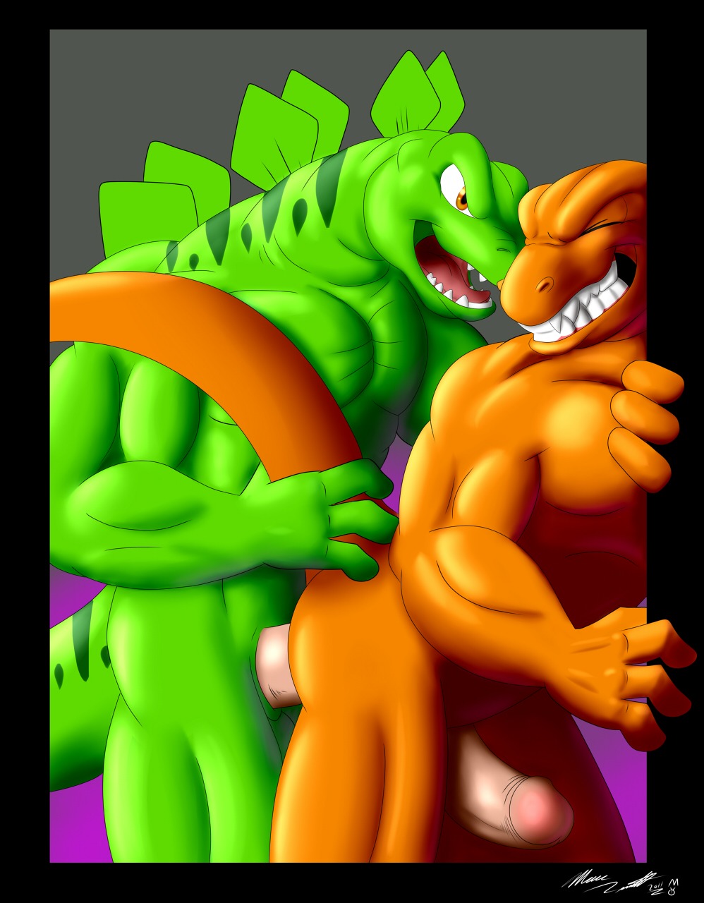 2011 abs against_surface against_wall anal anal_penetration animal_genitalia anthro athletic back_plates balls biceps big_muscles big_penis brown_body brown_eyes brown_skin clenched_teeth dinosaur duo e621 erection extreme_dinosaurs eyes_closed fangs from_behind_position genital_slit genitals green_body green_skin hi_res humanoid_genitalia humanoid_penis interspecies male male/male male_penetrated male_penetrating male_penetrating_male marc_leonhardt muscular muscular_male nude open_mouth ornithischian pecs penetration penis pink_penis prehistoric_species reptile saurischian scales scalie sex simple_background smile standing stegosaurian stegosaurus stegz t-bone_(extreme_dinosaurs) tail tail_grab teeth theropod thyreophoran tongue tyrannosaurid tyrannosauroid tyrannosaurus tyrannosaurus_rex