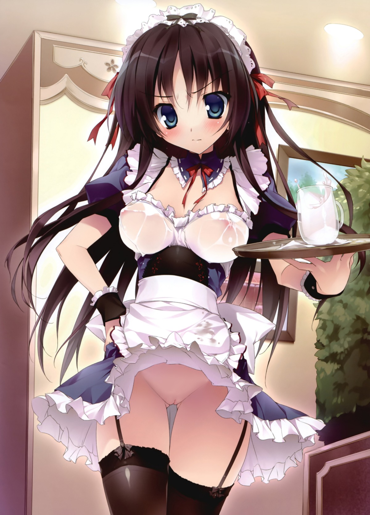 black_thighhighs blue_eyes blush brown_hair detached_cuffs female frown garter_straps karory maid milk nipples no_bra nopan pussy restaurant rule34 see-through sheer skirt_lift source_request stockings thighhighs uncensored upskirt vagina waitress wet