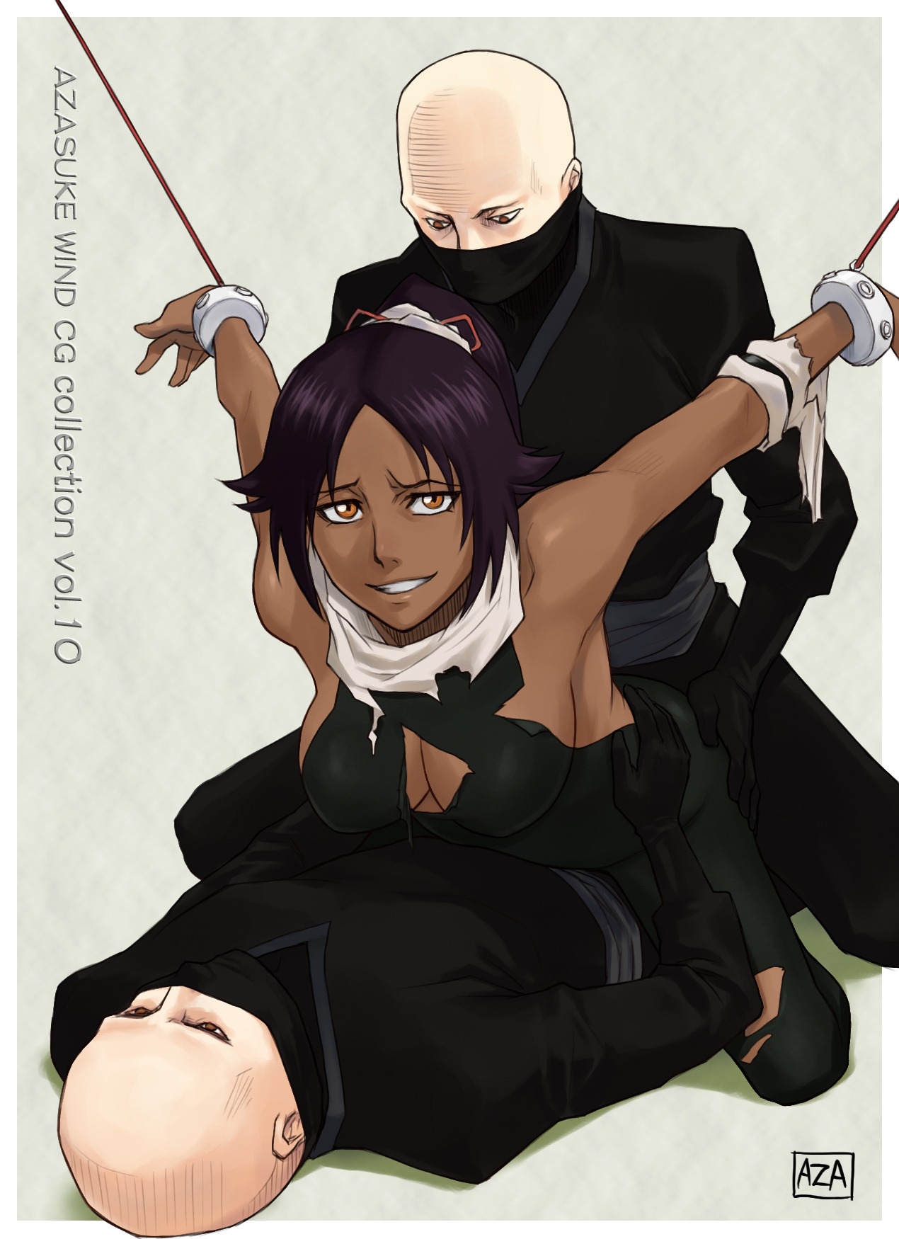 1girls 2boys all_fours armpits arms_behind_back ass ass_grab azasuke bald bleach bondage bound bound_wrists breasts brown_eyes cleavage clothed_sex dark-skinned_female dark_skin double_penetration female gangbang grin grope group_sex highres interracial long_hair male medium_breasts multiple_boys ninja orange_eyes ponytail purple_hair rope rule34 sex shihouin_yoruichi skin_tight smile straddle tied_hair torn_clothes torso_grab