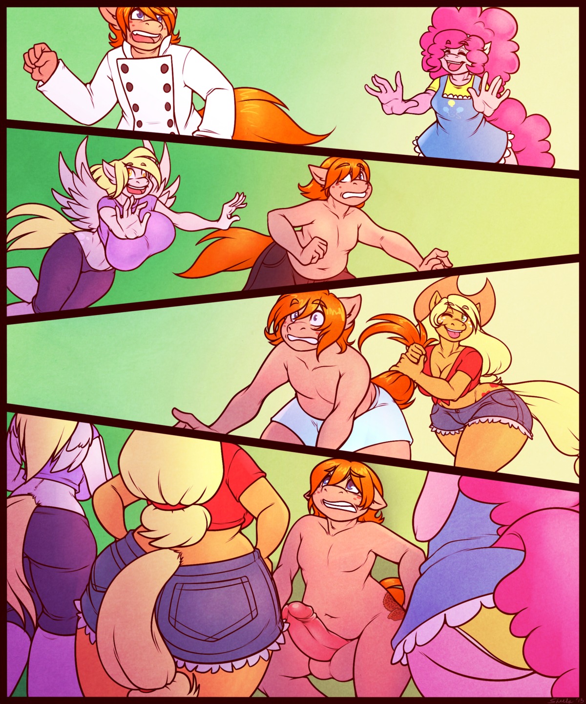 absurd_res anthro anthrofied applejack_(mlp) balls big_breasts big_butt big_hair blonde_hair blue_eyes breasts butt cleavage clothed clothing cutie_mark derpy_hooves_(mlp) e621 earth_pony equid equine erection fan_character feathered_wings feathers female friendship_is_magic genitals green_eyes grey_body grey_feathers group hair happy hasbro hi_res horse huge_breasts humanoid_genitalia humanoid_penis imminent_sex long_hair male mammal my_little_pony mythological_creature mythological_equine mythology nude orange_hair pegasus penis pink_hair pinkie_pie_(mlp) pony slightly_chubby smile sweetcreamfizz tail tail_pull thick_penis underwear undressing wide_hips wings yellow_eyes
