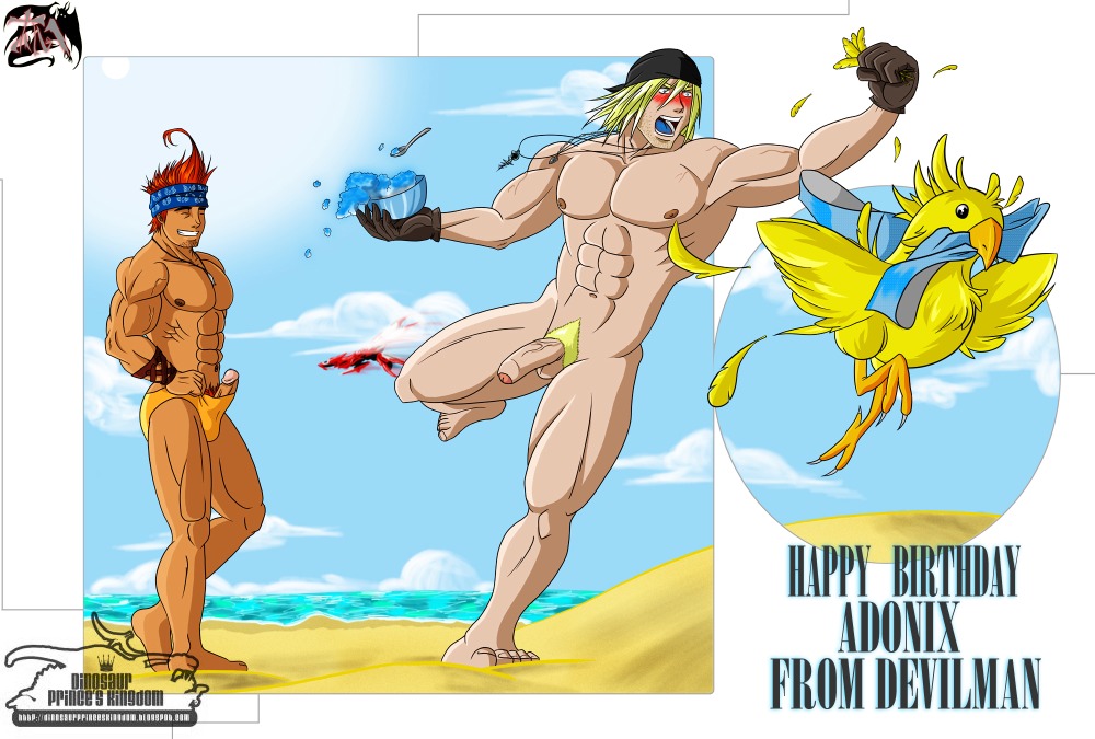 2boys chocobo devilman_(artist) erection_under_speedo final_fantasy final_fantasy_x final_fantasy_xiii foreskin male male_only penis rule34 snow_villiers stolen_clothes stolen_speedo uncircumcised uncut wakka yaoi