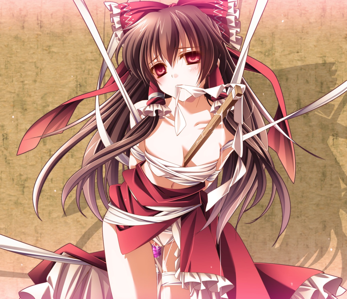 bare_shoulders between_breasts blush bondage bow breasts brown_hair cleavage female female_only gohei hair_tubes hairbow highres human long_hair moneti_(daifuku) mouth_hold object_between_breasts panties pussy pussy_juice red_eyes reimu_hakurei rule34 sex_toy solo textless touhou underwear white_panties
