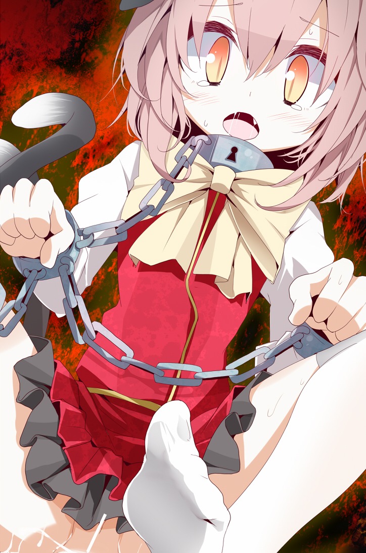 blush brown_eyes brown_hair cat_tail censored chen female fur hat rule34 short_hair solo tail tear thighhighs touhou usotsukiya white_legwear white_thighhighs