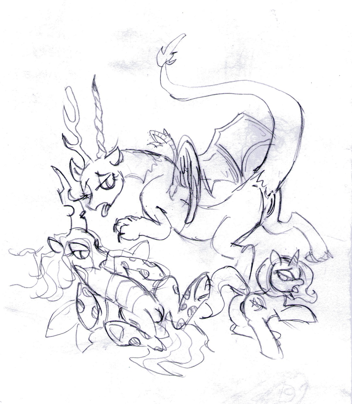 arthropod changeling_(mlp) chimera draconequus e621 equid equine feathered_wings feathers female feral friendship_is_magic genitals group half-closed_eyes hasbro hi_res horn insect_wings mammal membrane_(anatomy) membranous_wings monochrome my_little_pony mythological_creature mythological_equine mythology narrowed_eyes quadruped simple_background sketch tail trixie_(mlp) unicorn unknown_artist vulva white_background wings