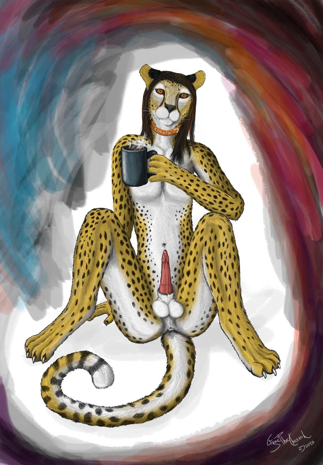 2013 abstract_background animal_genitalia animal_penis anthro anus balls beverage biped black_hair butt cheetah claws coffee coffee_mug collar container cryme_the_cheetah cup e621 erection felid feline feline_genitalia feline_penis femboy food fur genitals hair hi_res holding_container holding_cup holding_object khraym long_hair looking_at_viewer male mammal nude orange_eyes orange_hair paws penile_spines penis presenting shaded sheath simple_background sitting smile solo spots spread_legs spreading whiskers white_body white_fur yellow_body yellow_fur
