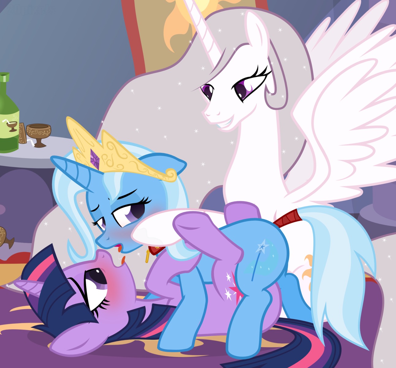 20pixels being_watched blush bodily_fluids crown cutie_mark e621 equid equine fan_character feathered_wings feathers female female/female feral friendship_is_magic from_front_position fur group hair hasbro headgear hi_res hooves horn legs_up looking_at_another looking_back lying mammal missionary_position multicolored_hair my_little_pony mythological_creature mythological_equine mythology on_back princess princess_celestia_(mlp) princess_molestia purple_body purple_eyes purple_fur purple_hair royalty saliva saliva_string sex spread_legs spreading tail tail_wraps tongue tongue_out trixie_(mlp) twilight_sparkle_(mlp) two_tone_hair underhoof unicorn winged_unicorn wings wraps